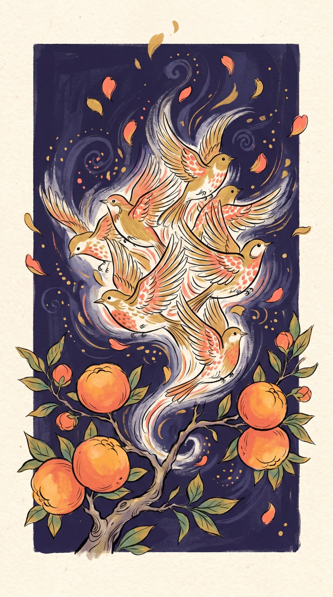 Golden Birds in Citrus Bower Artwork