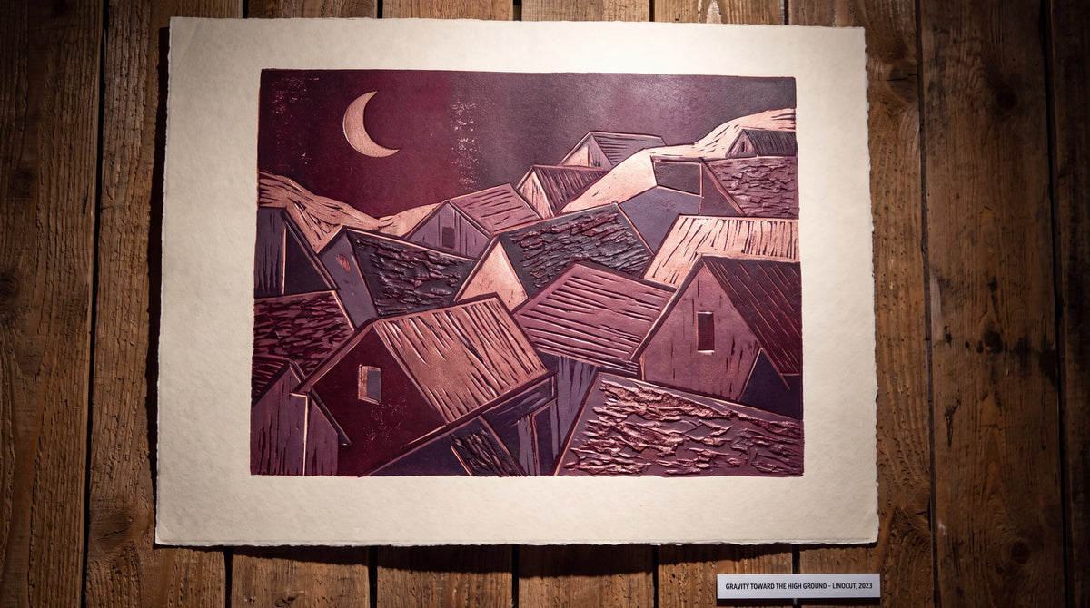 Gravity Toward the High Ground Linocut Art