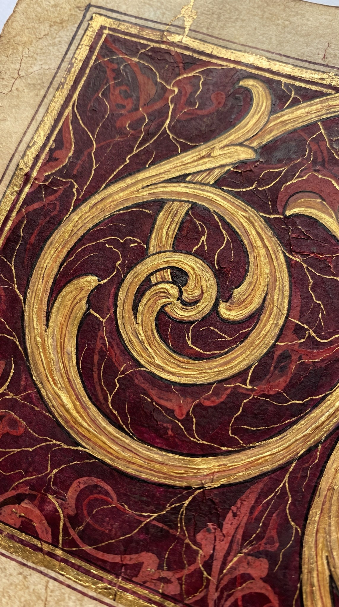 Gilded Crimson Filigree Antique Scroll Artwork