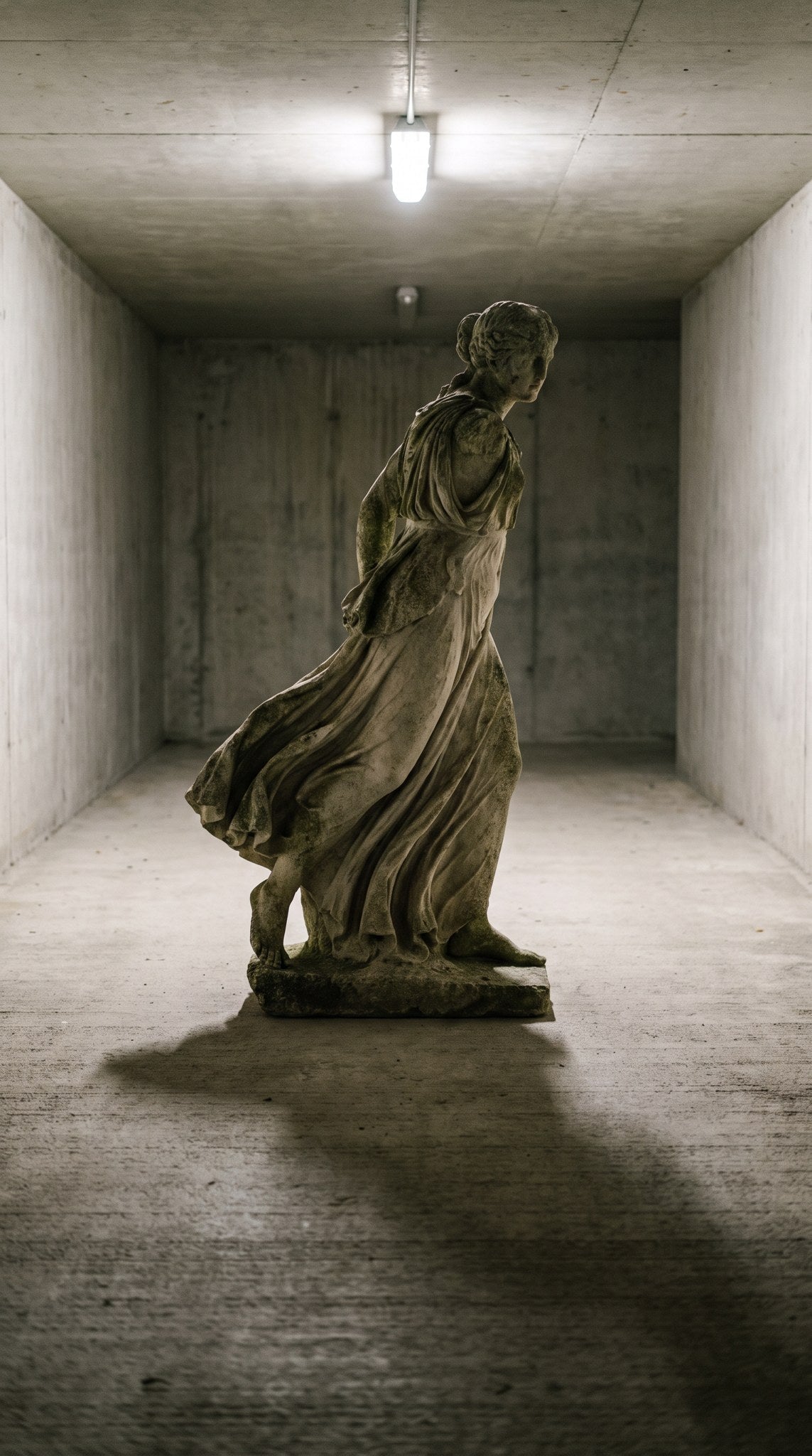 Classical Stone Statue in Brutalist Tunnel Art