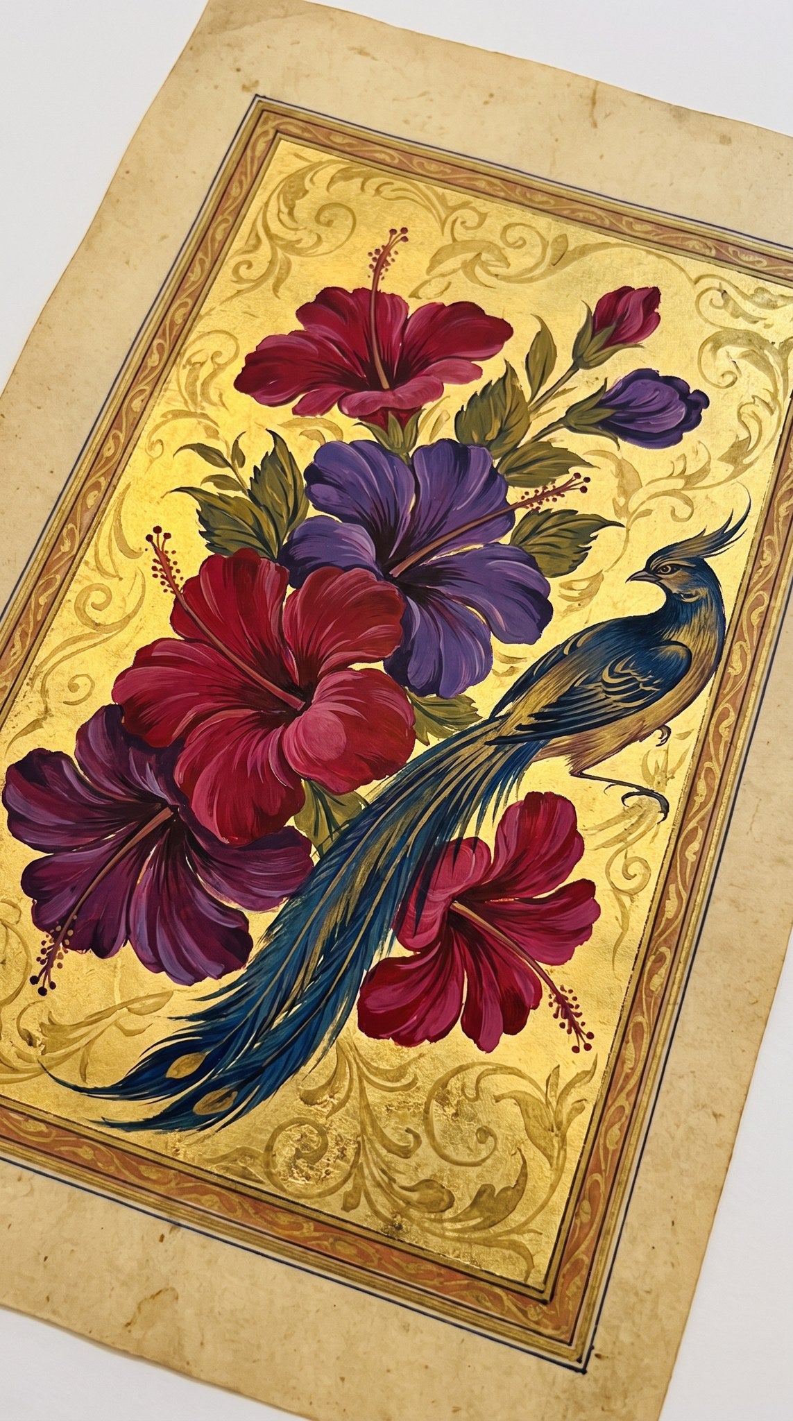 Gilded Persian Bird & Hibiscus Masterpiece