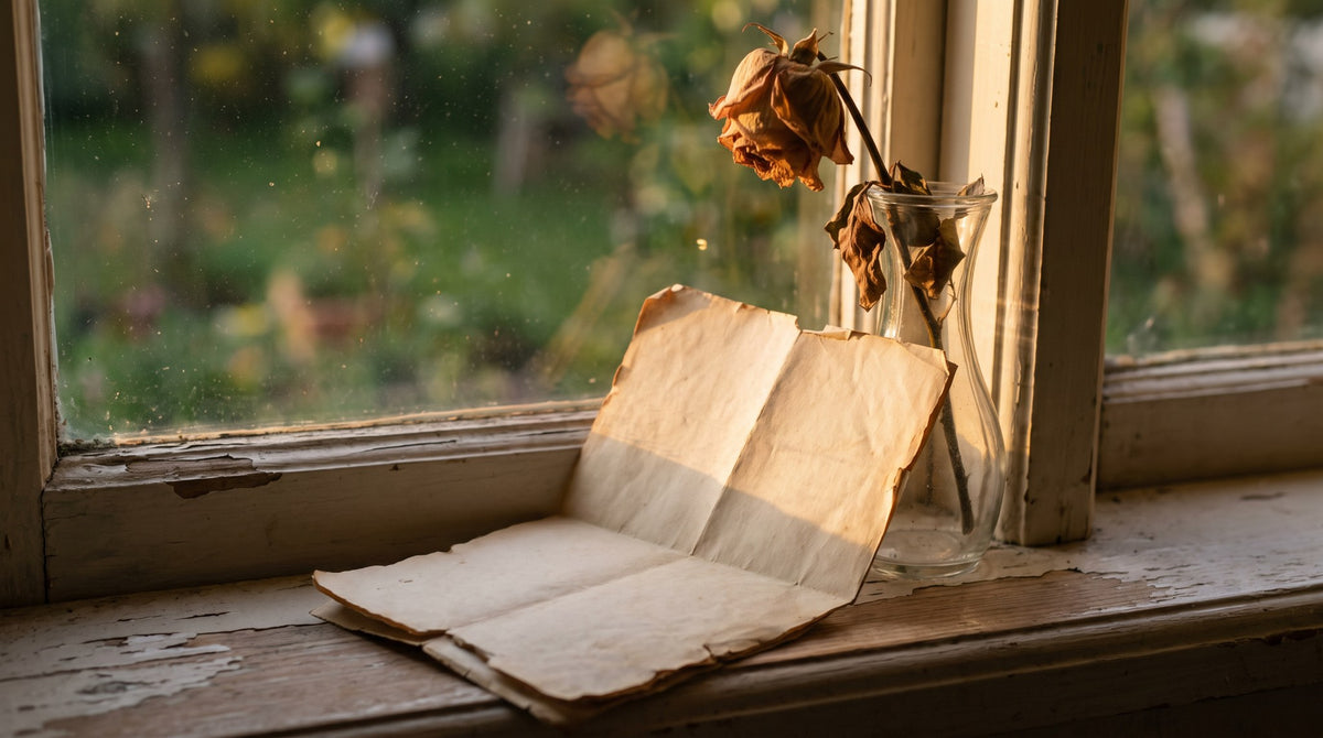 Faded Letter and Rose Window Still Life
