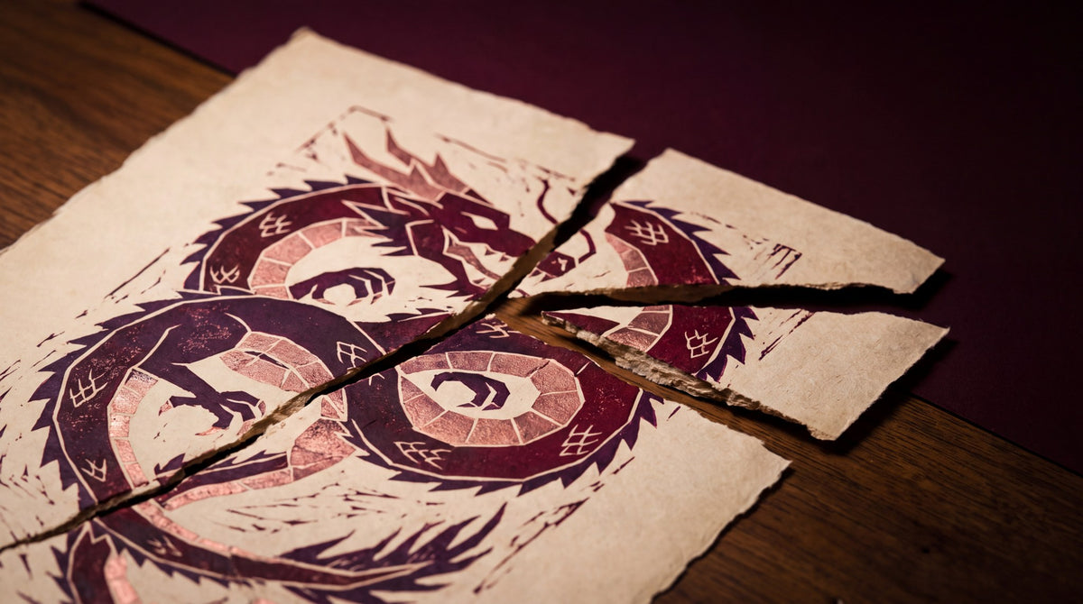 Crimson Mythic Dragon Linocut Art