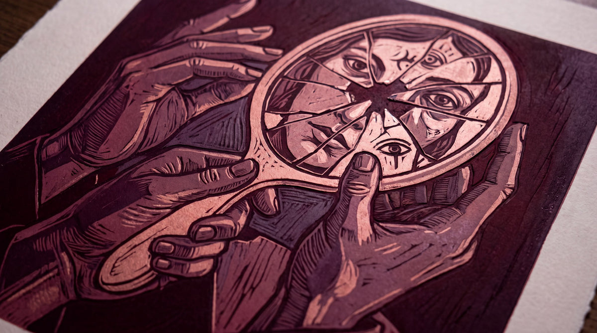 Shattered Mirror Mystic Woodcut Art