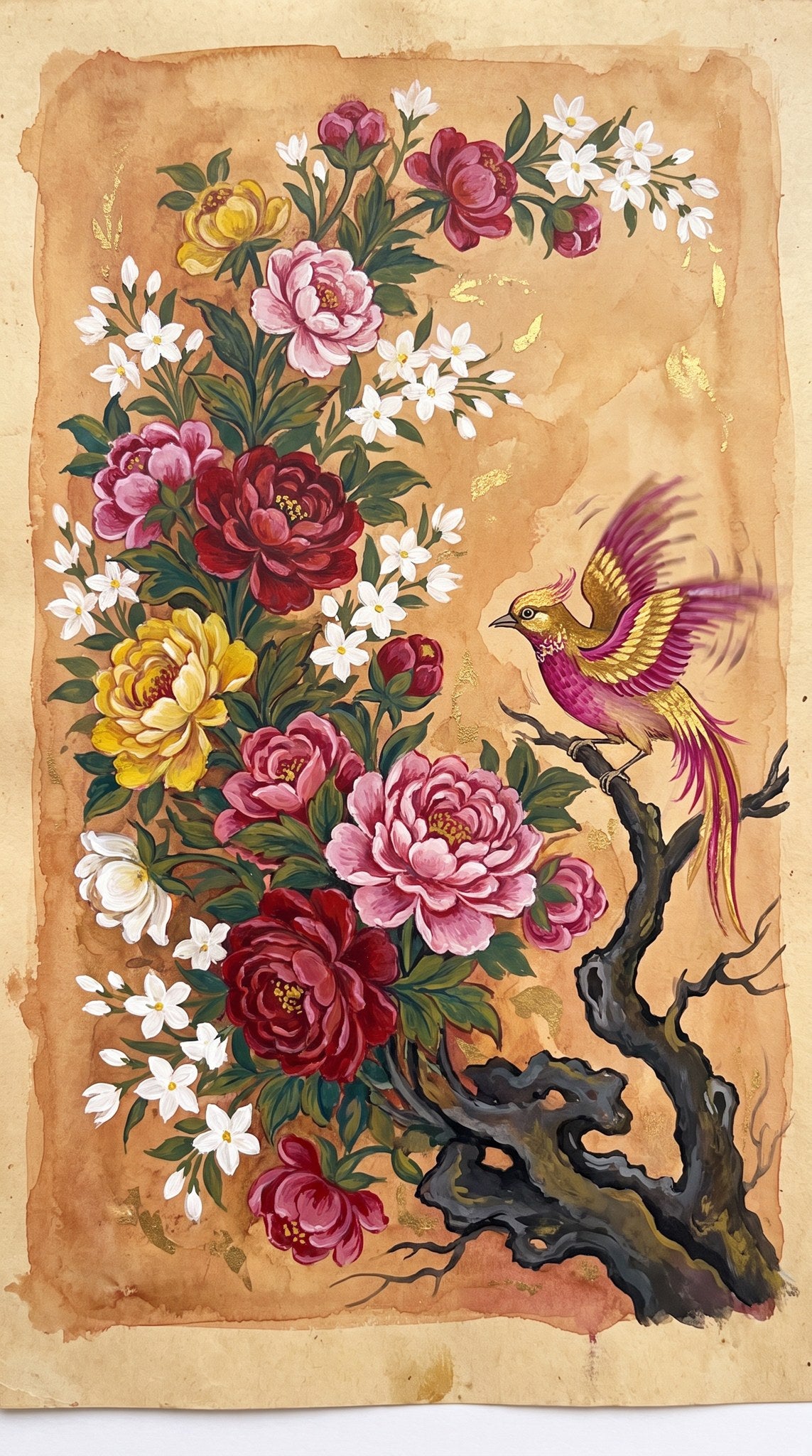 Golden Phoenix & Peonies Antique Botanical Art