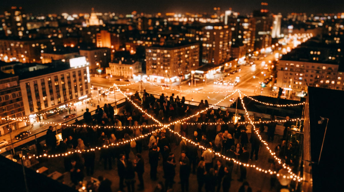 City Lights Rooftop Gathering Art Print