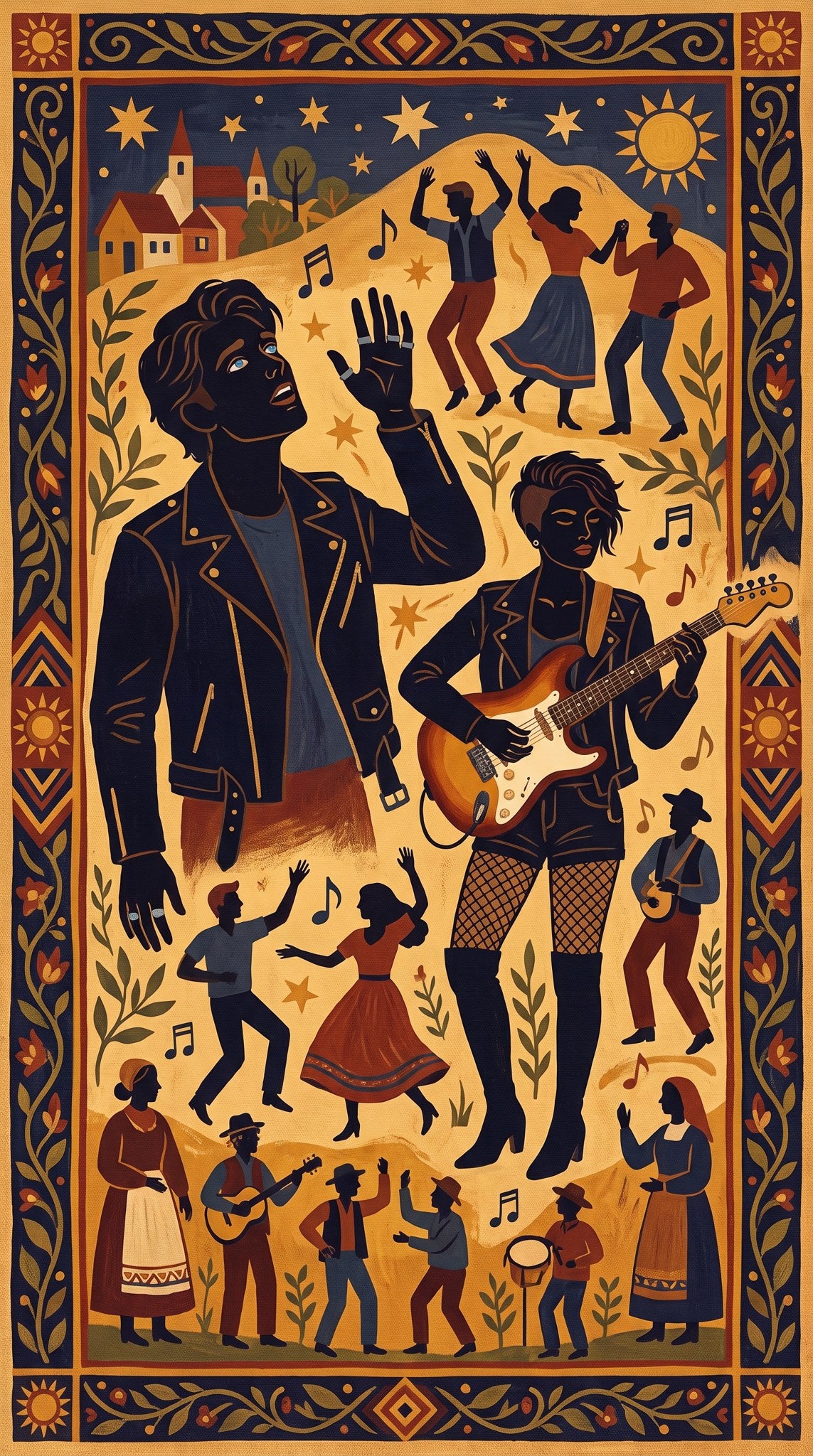Midnight Harmonies Retro Folk Art Print