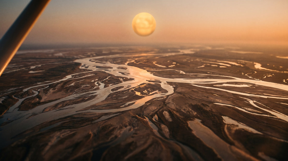 Golden River Delta Aerial Sun Horizon