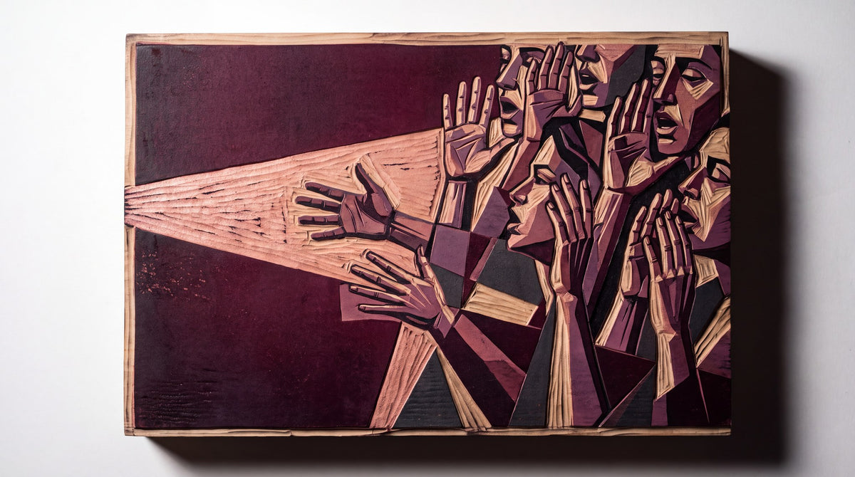 Carved Chorus Dramatic Wood Relief Art