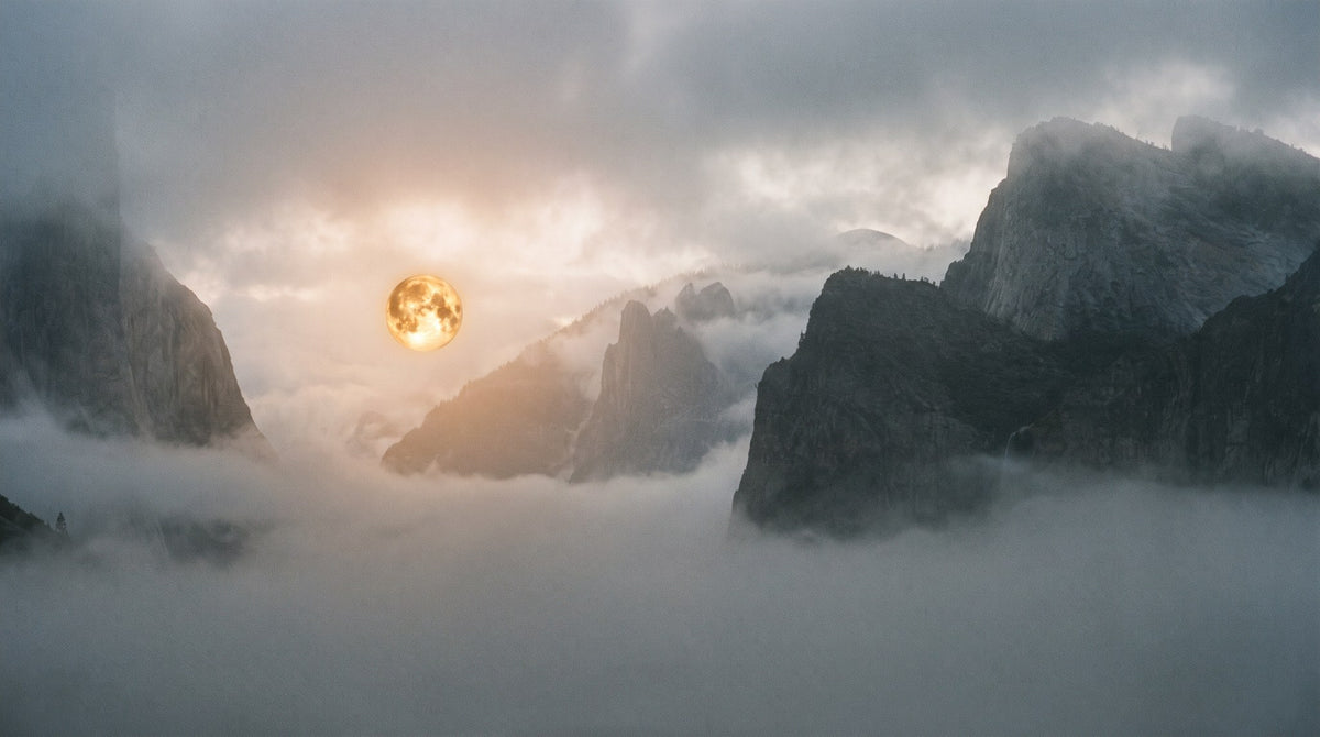 Golden Moon Foggy Mountain Landscape Art