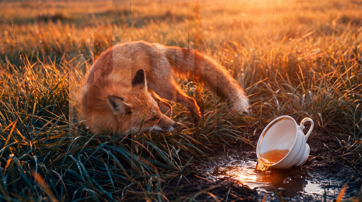 Golden Meadow Fox & Spilled Tea Aesthetic Art