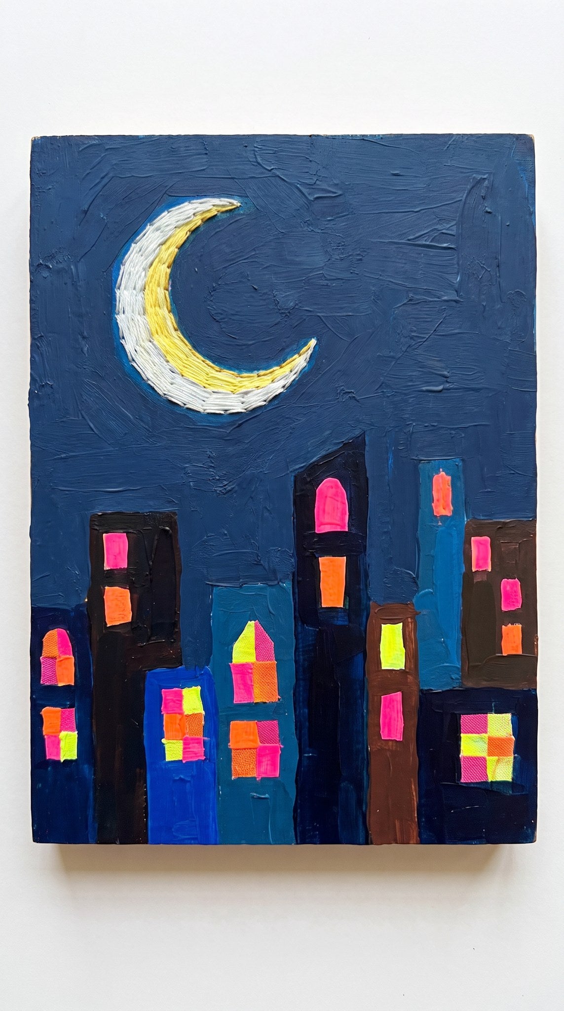 Neon Skyline and Crescent Moon Canvas Art