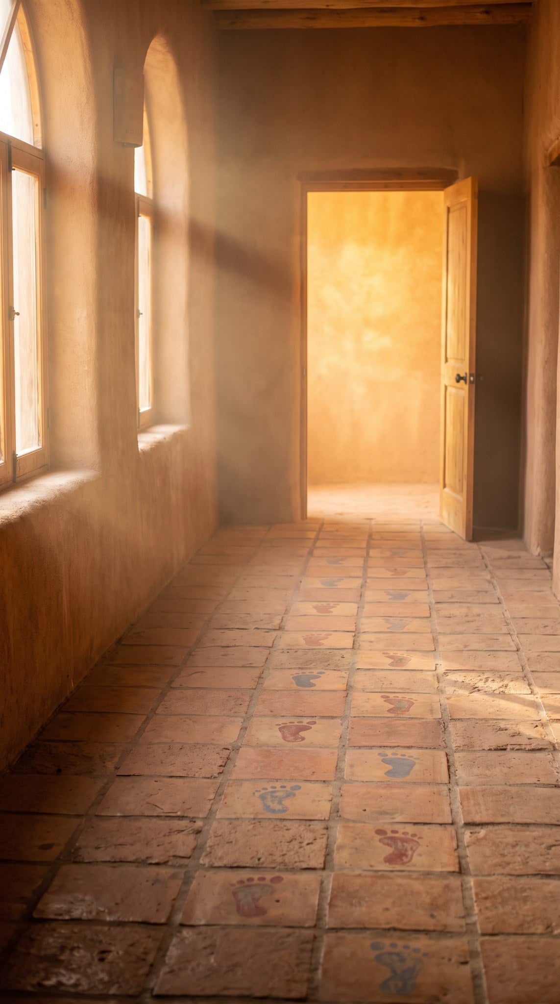 Painted Footprints in Sun-Drenched Adobe Hallway Art