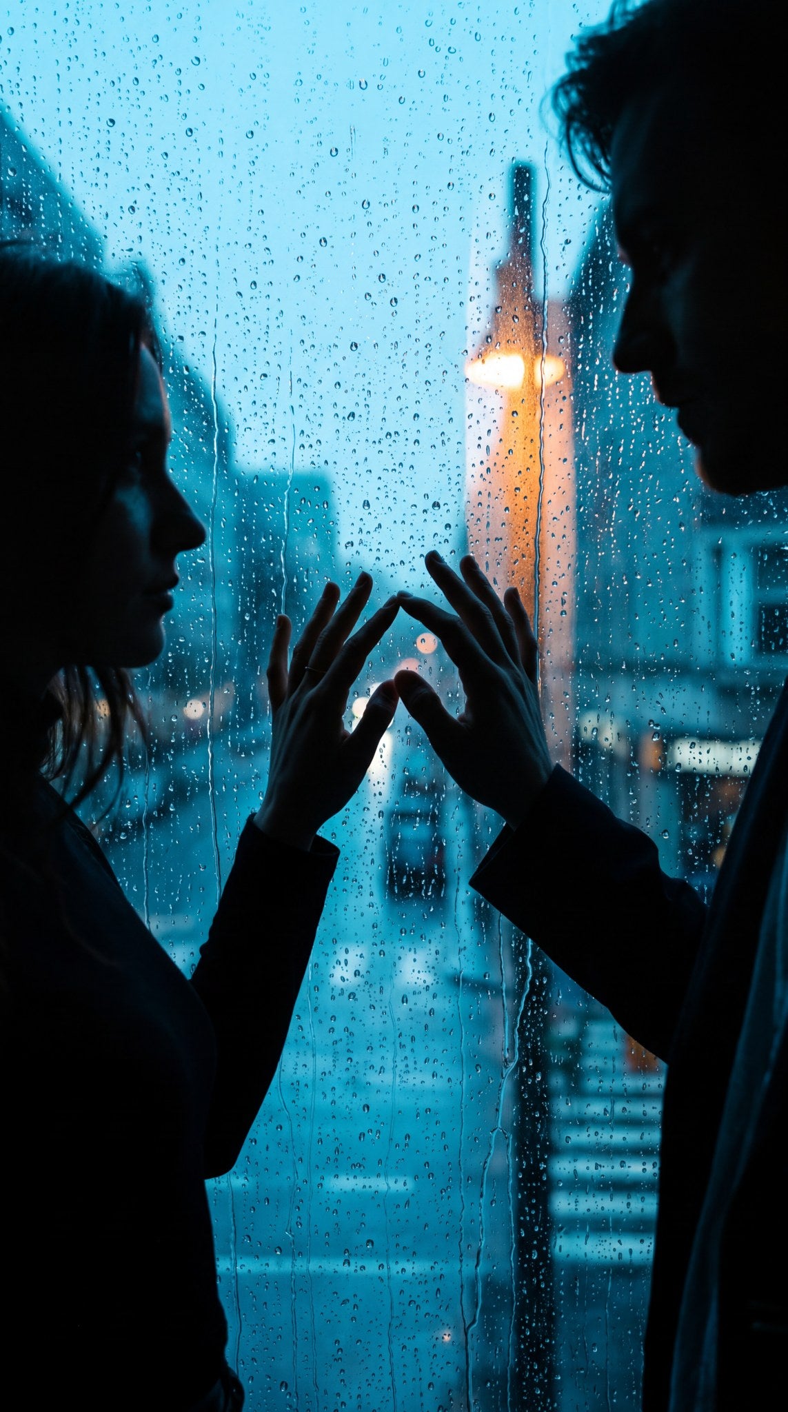 Rainy Window Silhouette Wall Art - Cinematic Blue