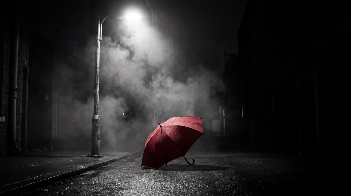 Nocturnal Noir Street Lamp Red Umbrella Art