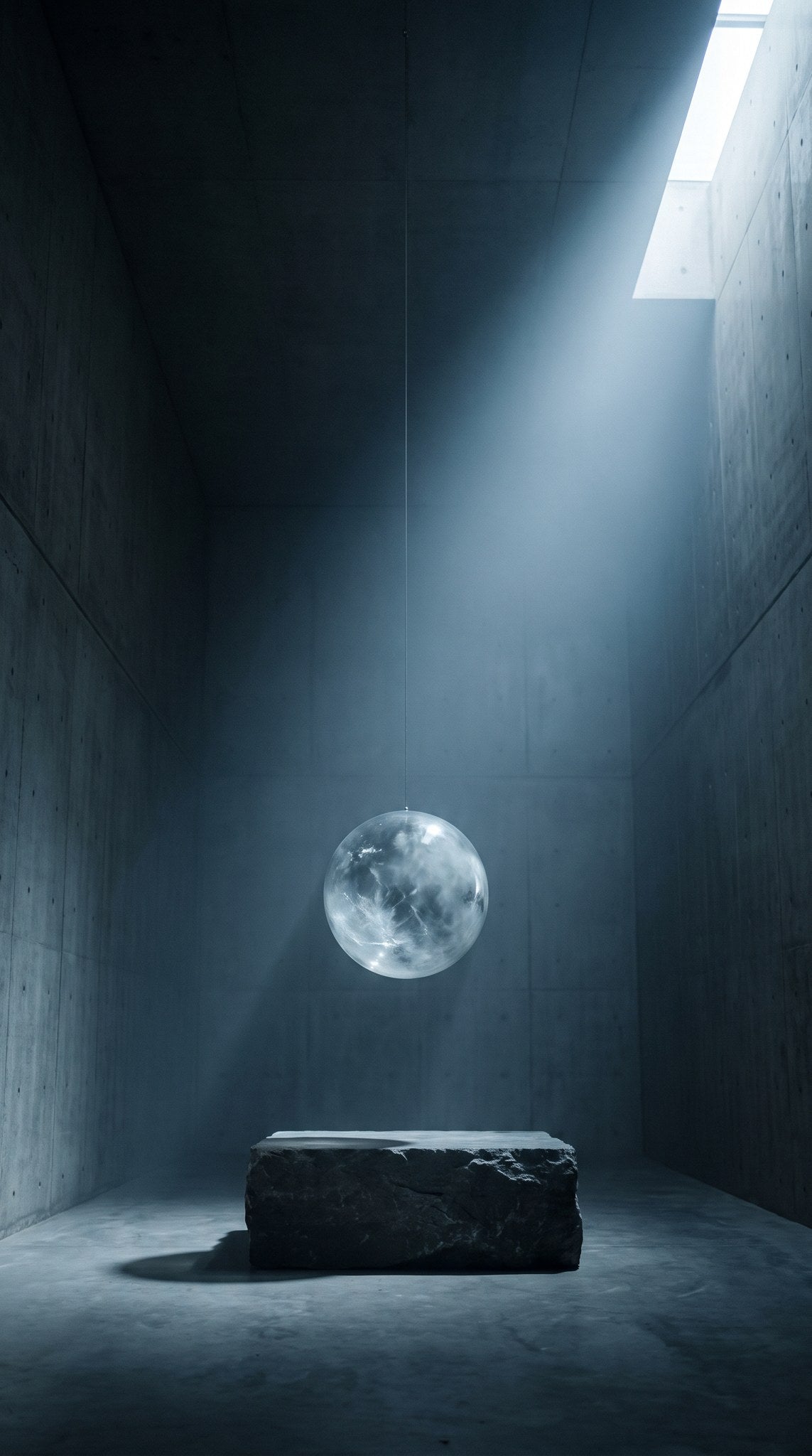 Suspended Orb Brutalist Monolith Art