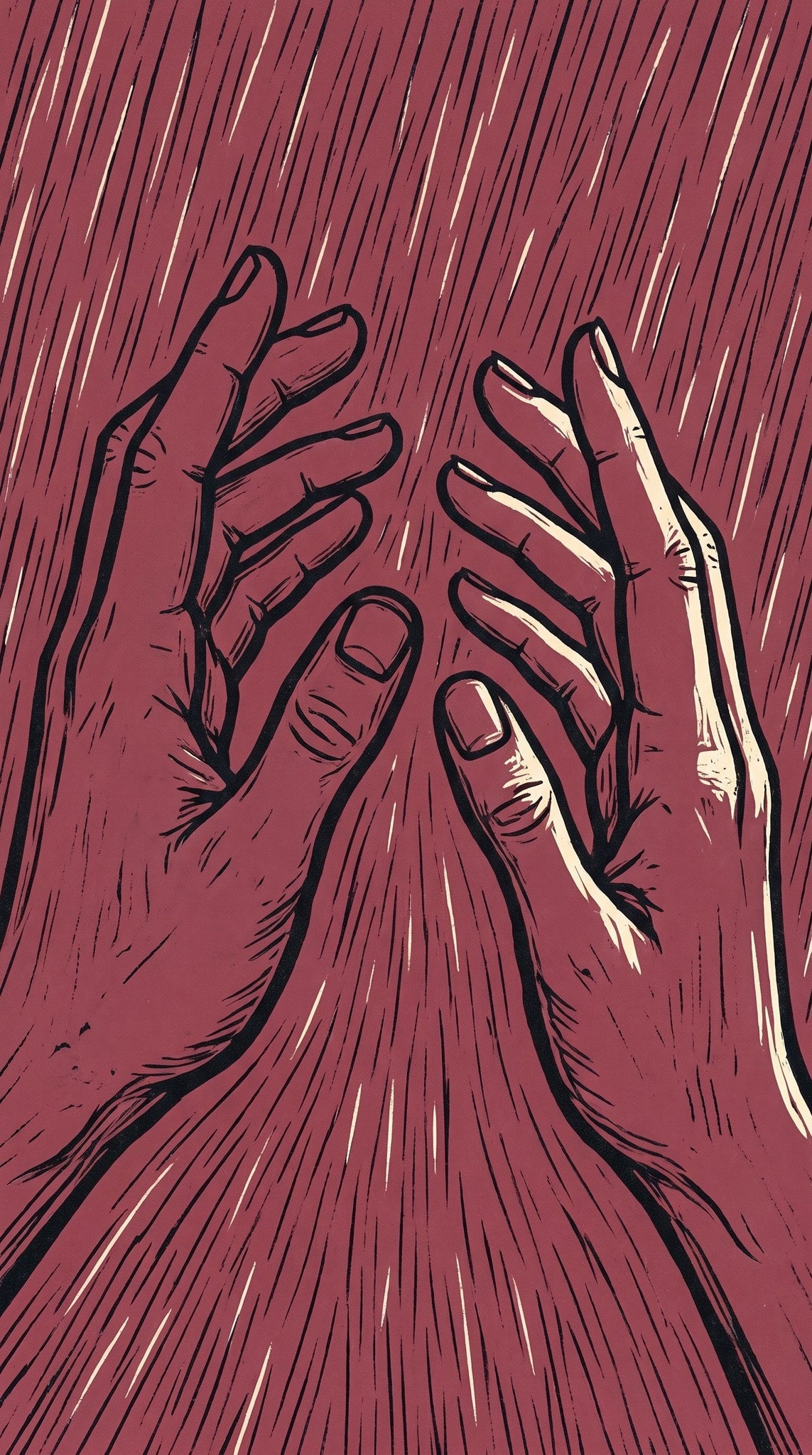 Crimson Reaching Hands Woodcut Art