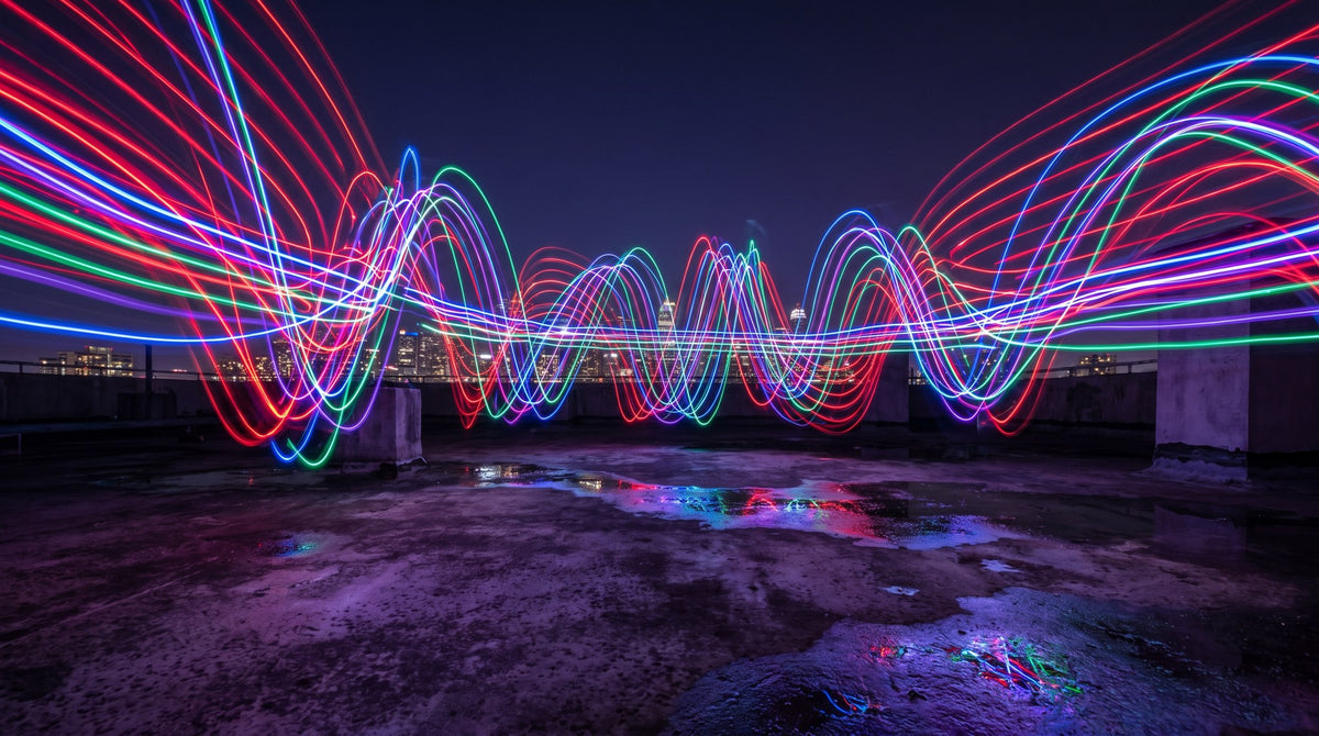 Neon Wave Light Trails Rooftop Art