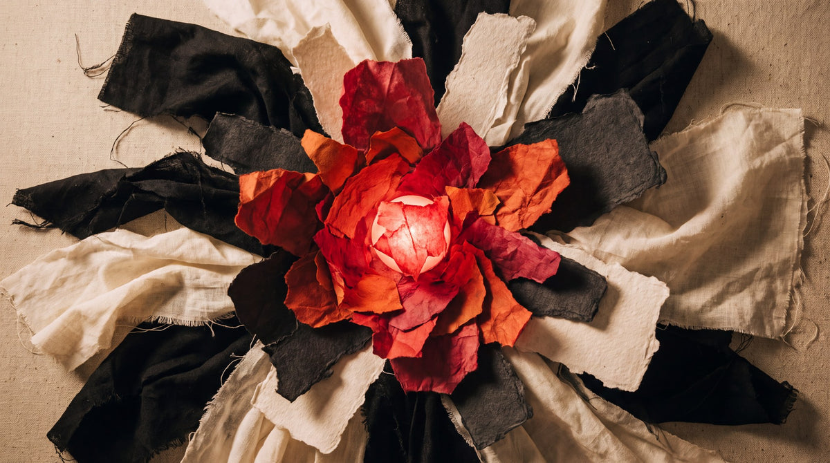 Crimson Bloom Textile Art - Luminous Shadows