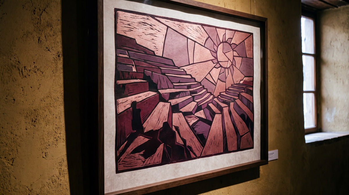 Geometric Canyon Sunrise Linocut Print Art