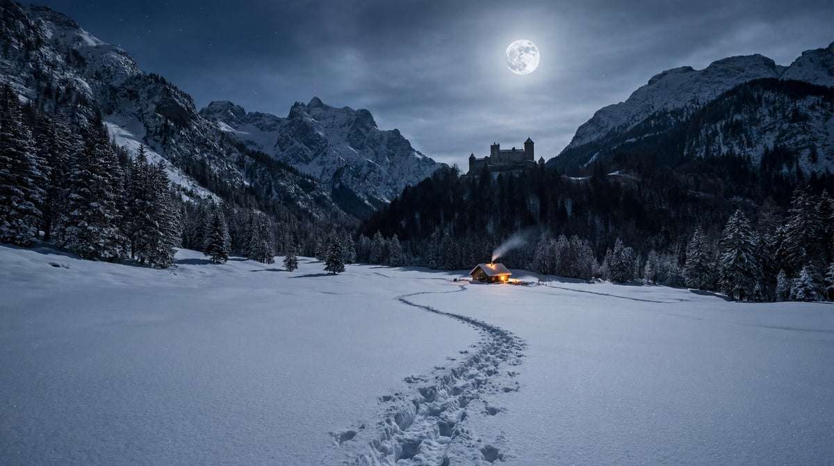 Alpine Moonrise Cozy Cabin Winter Landscape Art