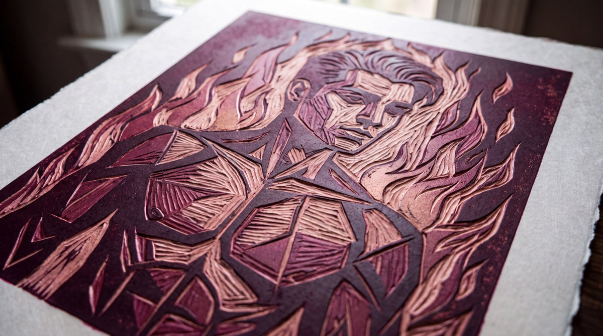 Sculpted Flame Linocut Relief Art
