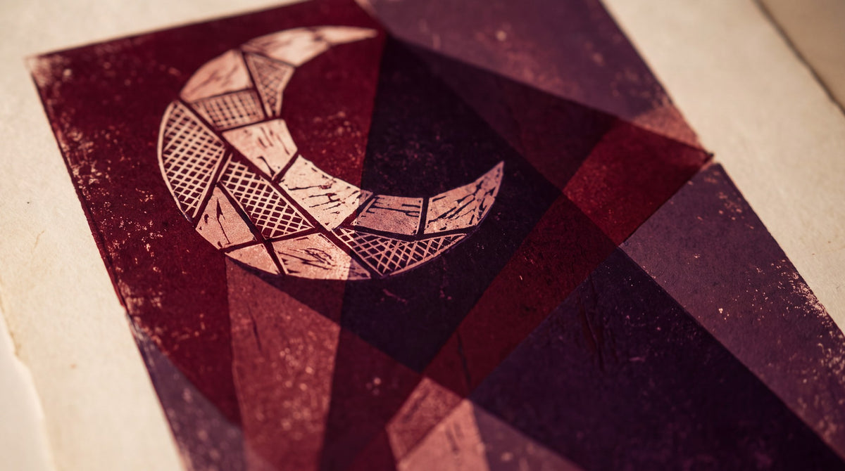 Geometric Crescent Moon Dark Academia Linocut Art