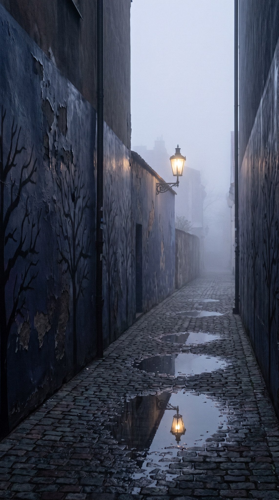 Cobblestone Passage in Mist Fine Art