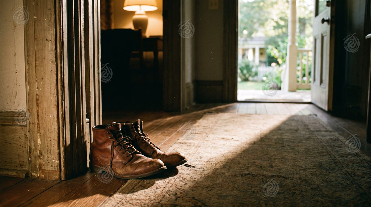 Arte Botas de couro vintage sob luz dourada - 1 de 1