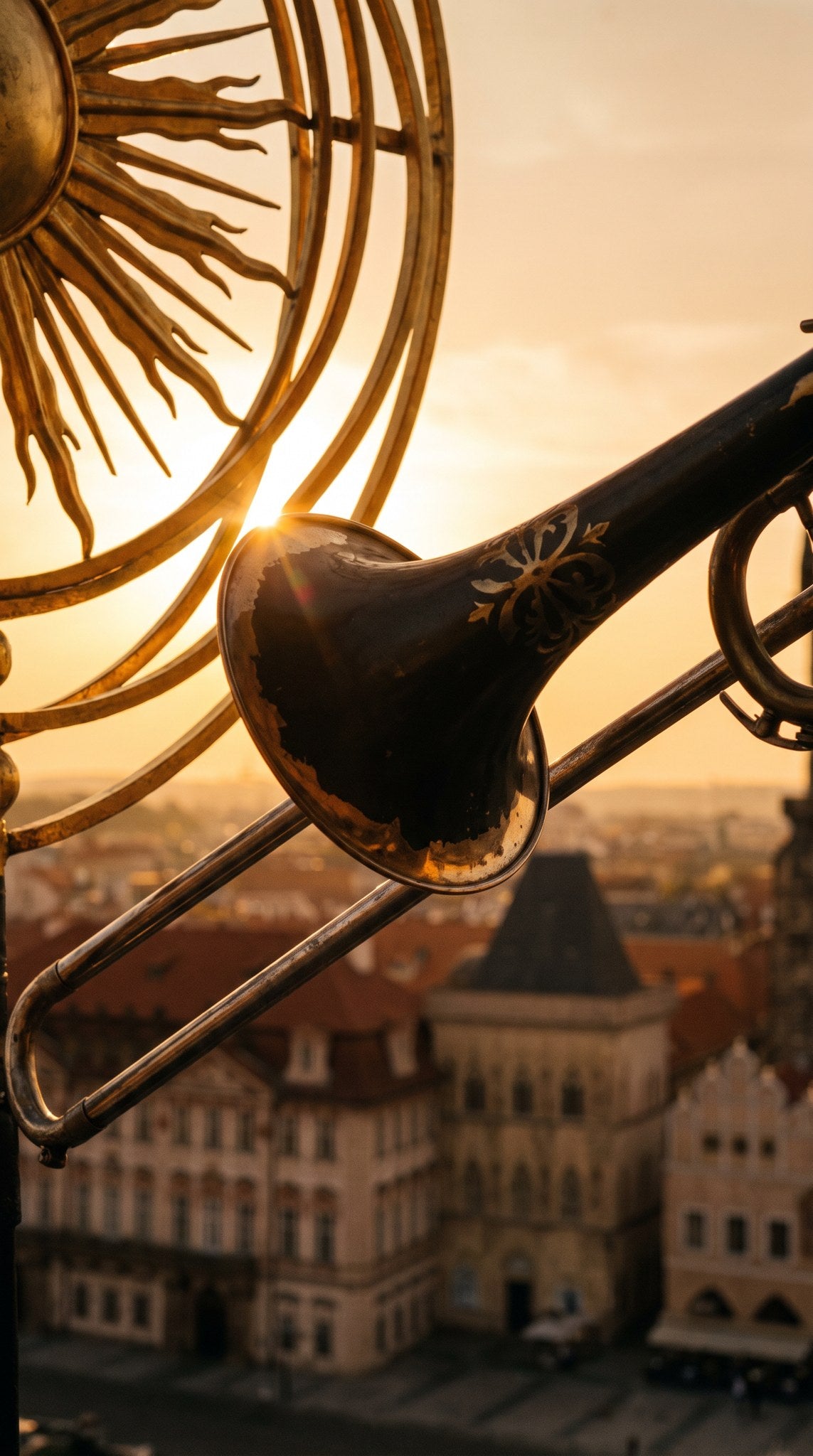Golden Hour Trumpet Over Historic City Art