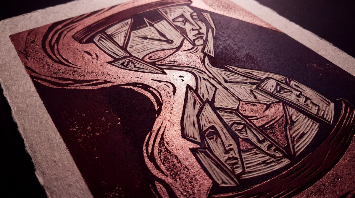 Surreal Hourglass Linocut Print Artwork