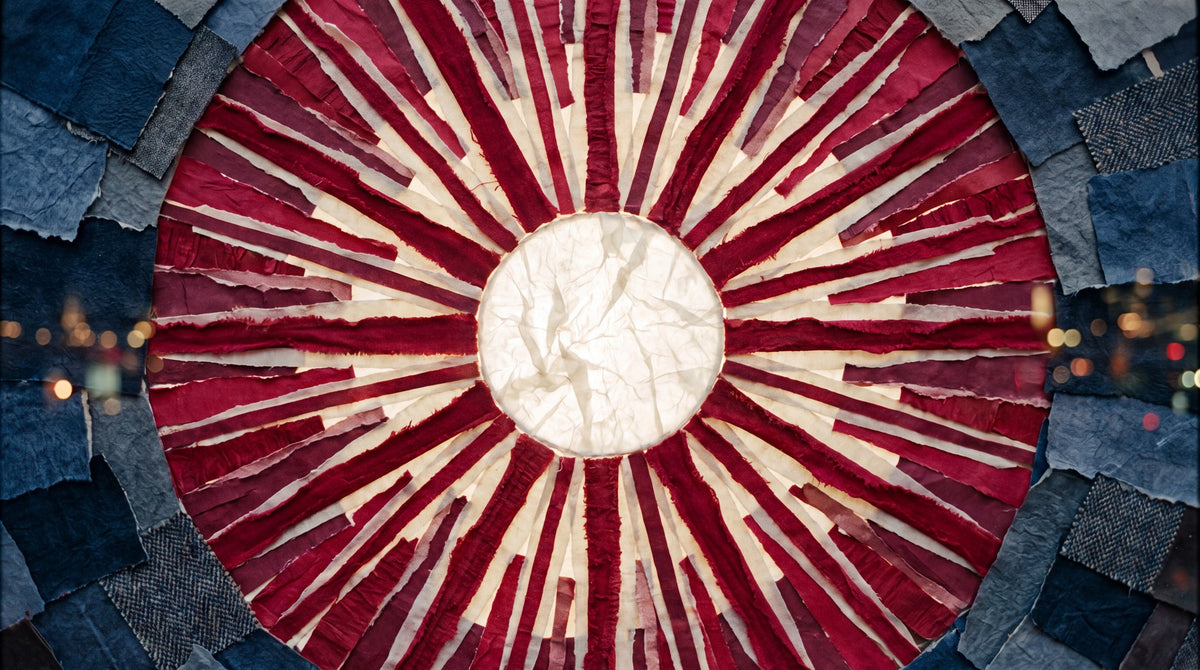 Crimson Sunburst Fabric Mandala Art