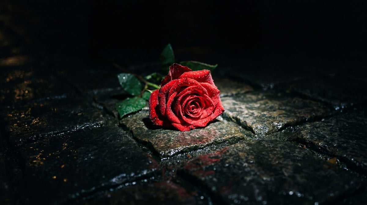 Crimson Rose on Wet Stone Wall Art