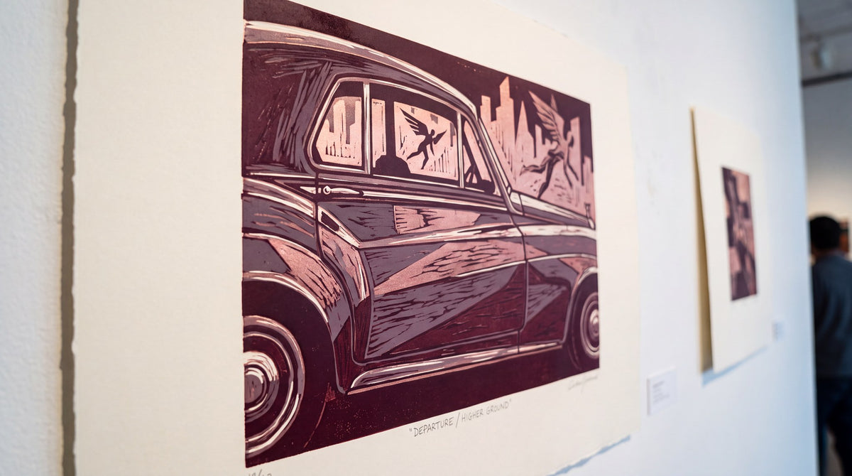Departure Higher Ground Vintage Noir Linocut Art