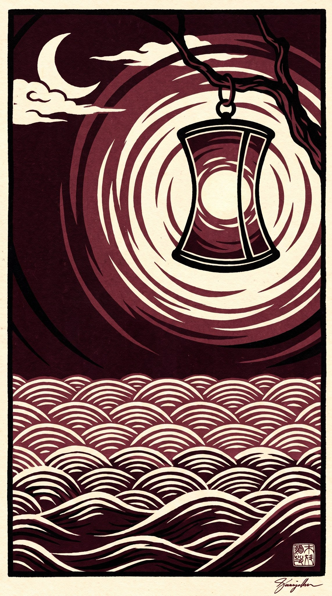 Nocturne Lantern & Seigaiha Waves Art