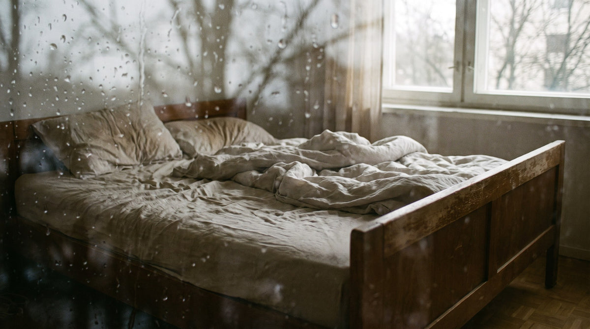 Rainy Morning Vintage Bed Art Print
