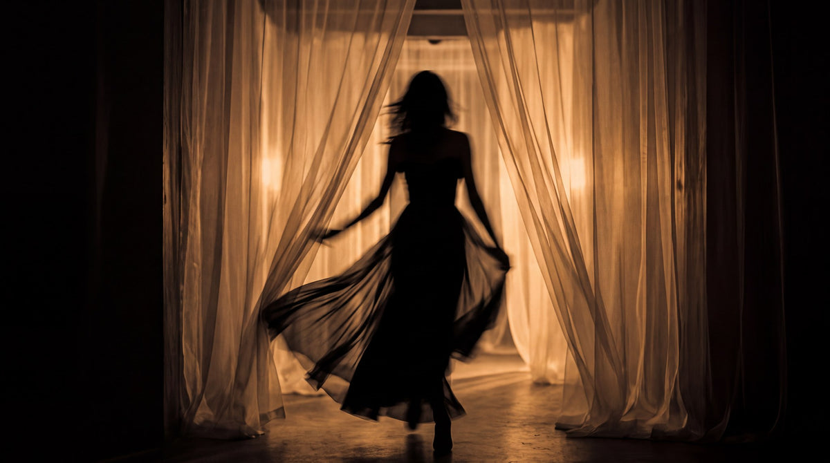 Golden Silhouette Art - Ethereal Curtain Dance