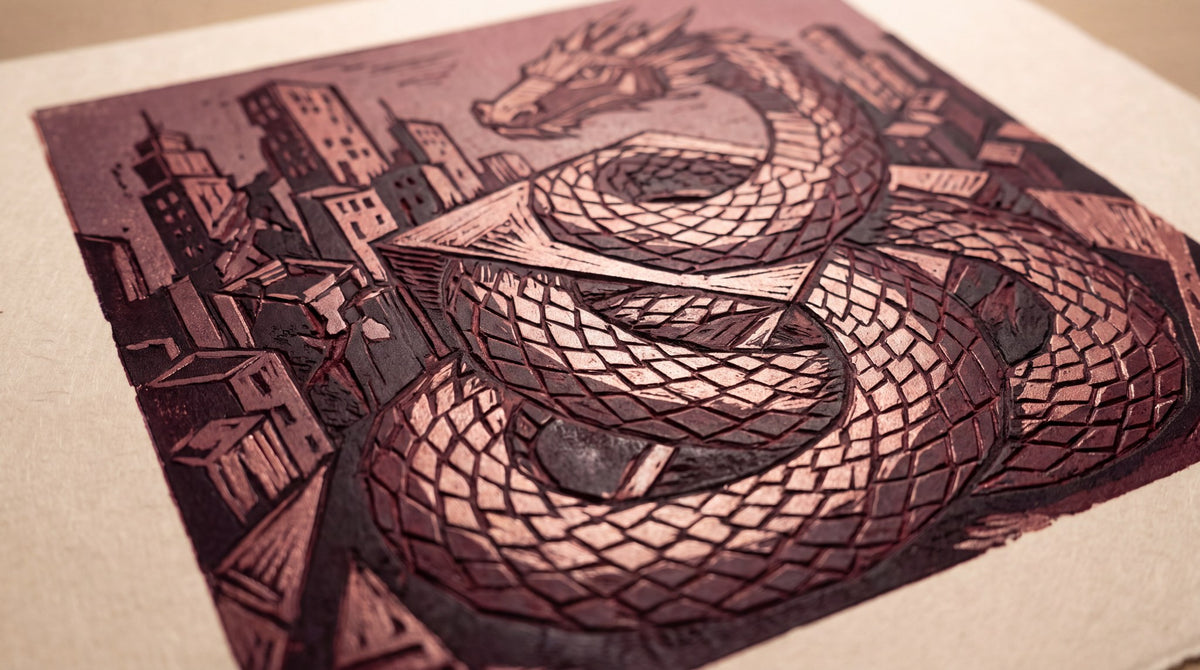 Urban Dragon Linocut Art - Fractured Skyline