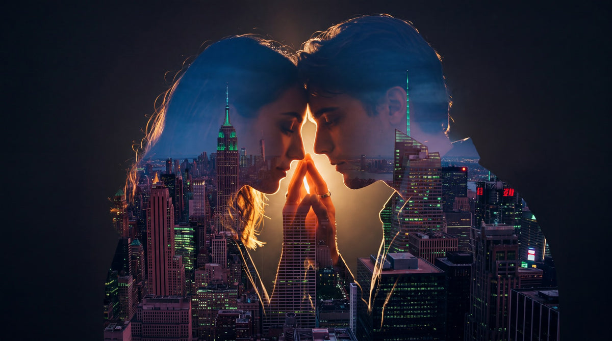 City Lights Lovers Double Exposure Art