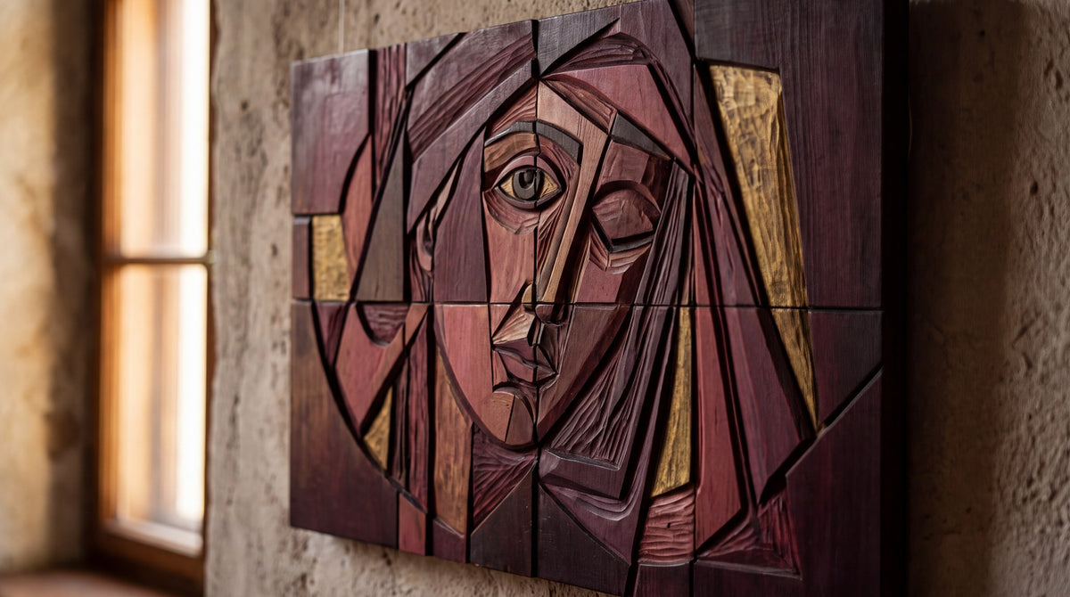Cubist Wooden Relief Portrait Artwork