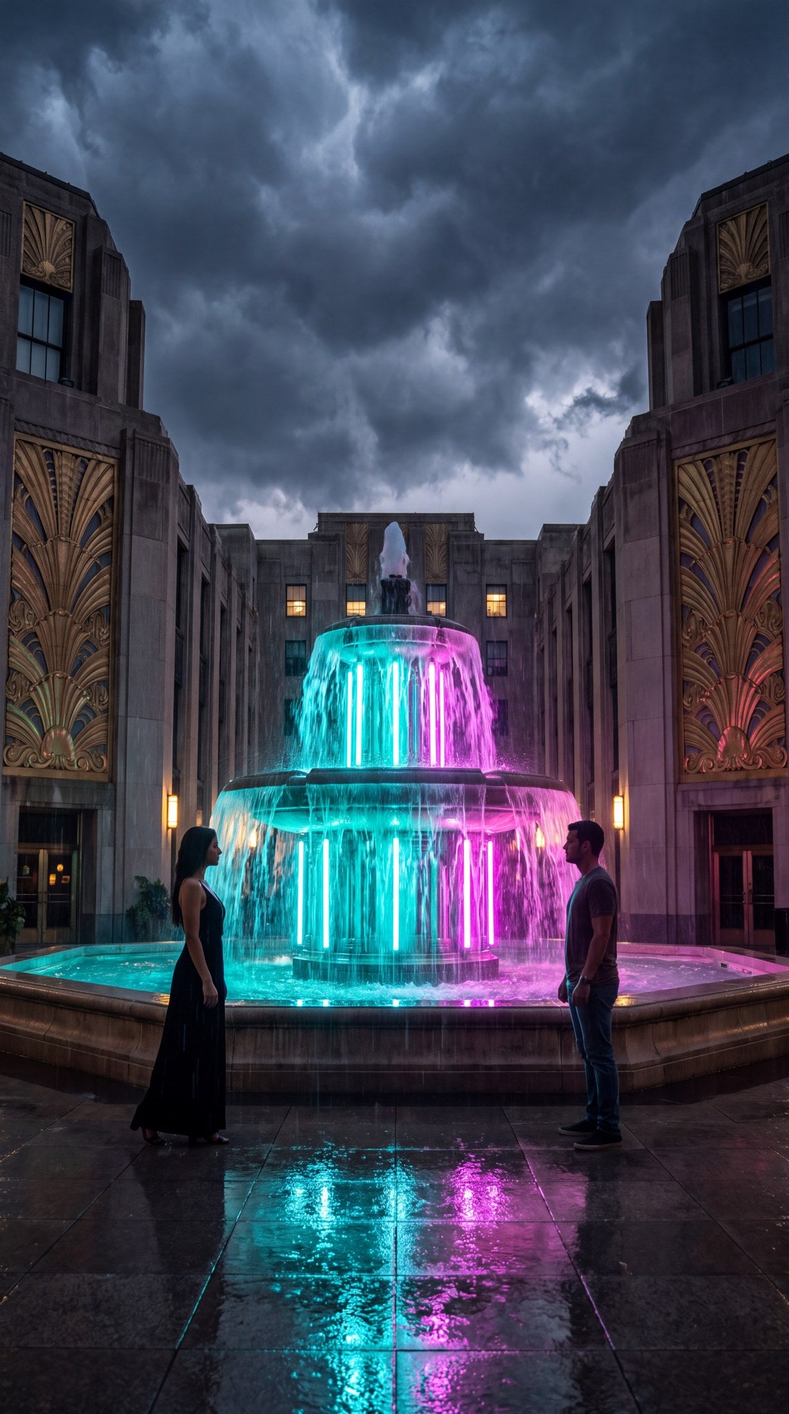 Neon Fountain Rendezvous - Urban Pulse Art