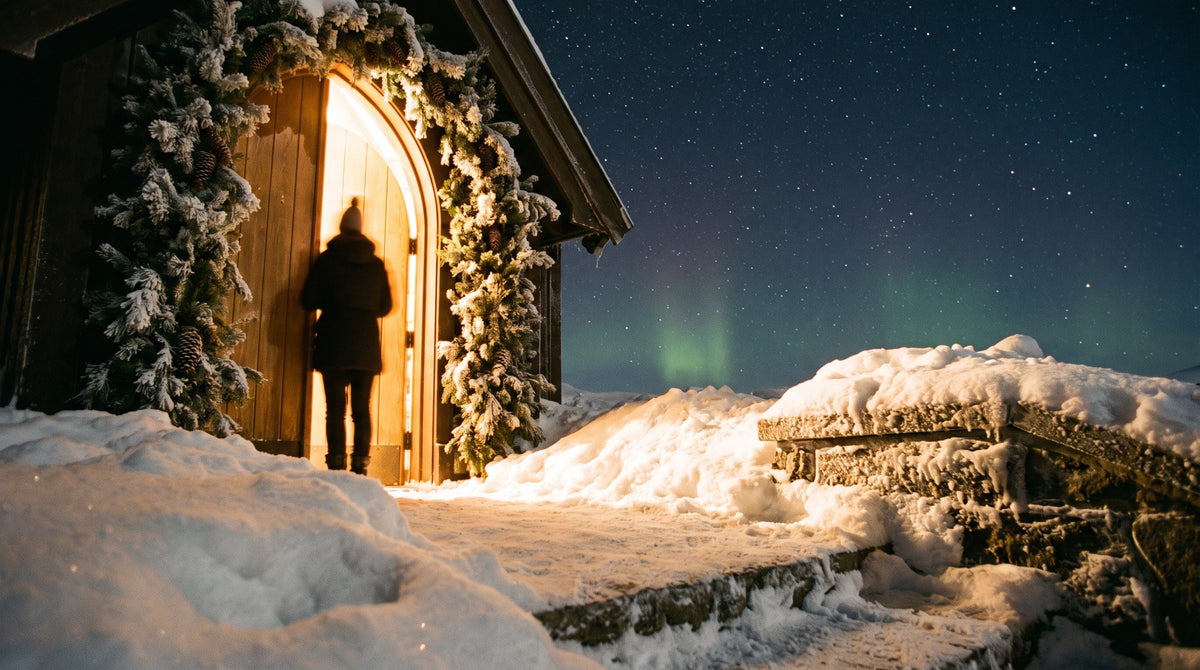 Winter Cabin Aurora Night Starlit Glow