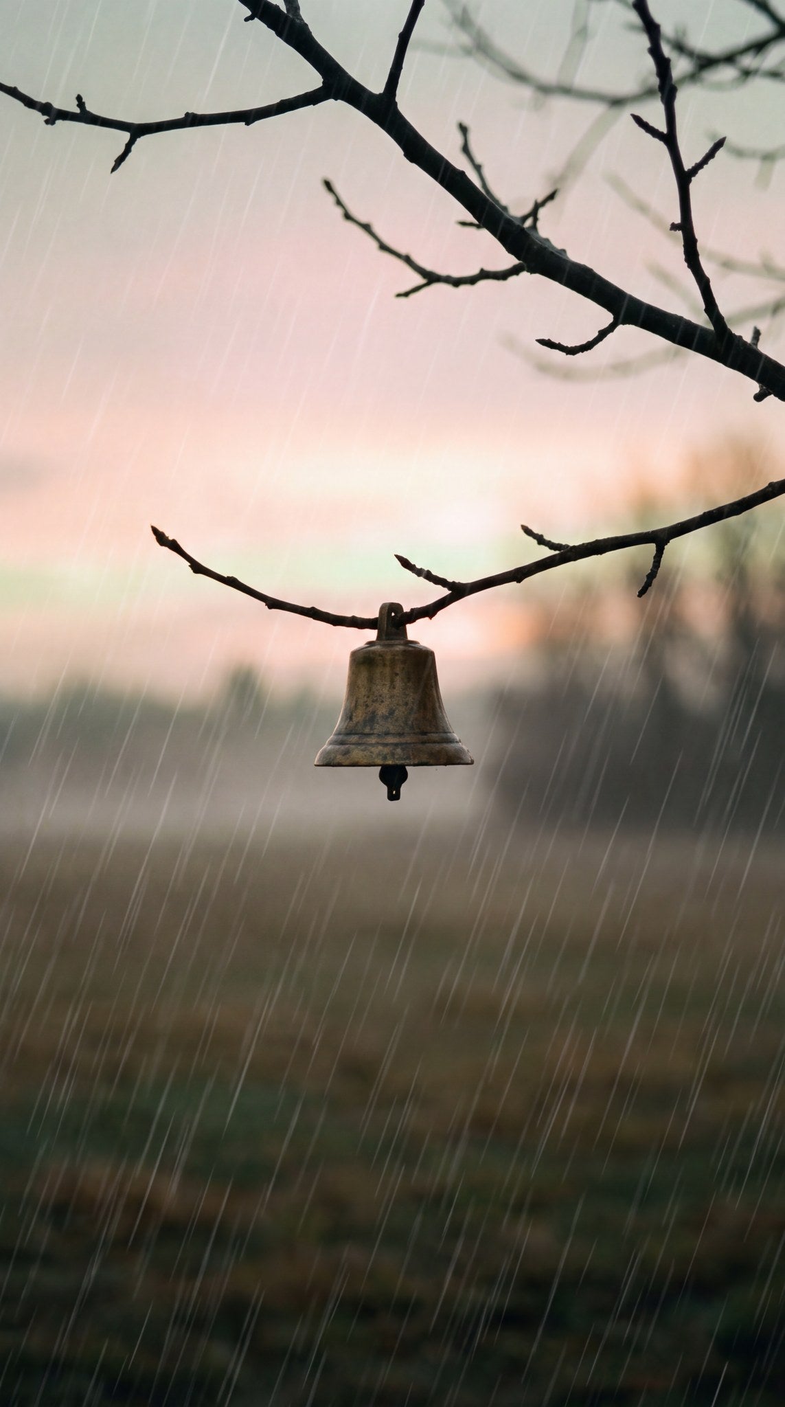 Solitary Brass Bell in Twilight Rain