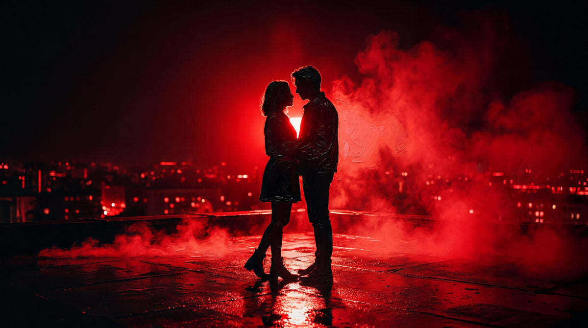 Crimson Midnight Rooftop Embrace Art