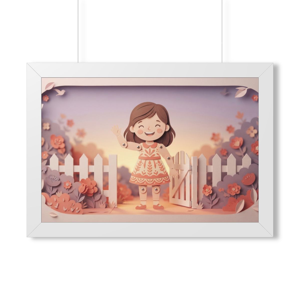 Framed Horizontal Poster - Garden Girl Gate — White (14×11...