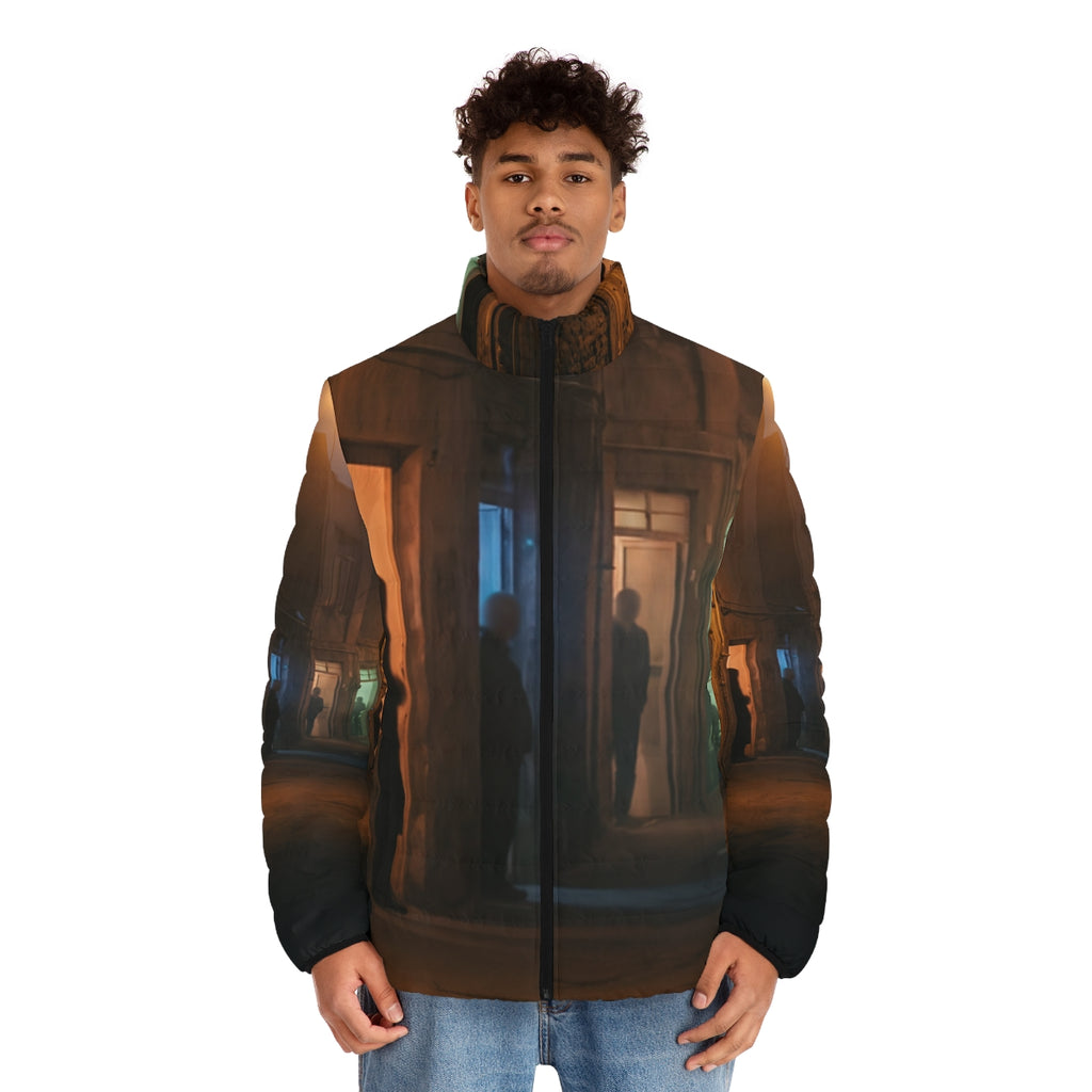 Men's Puffer Jacket - Shadowed Alleyway Mystery Art Print |...