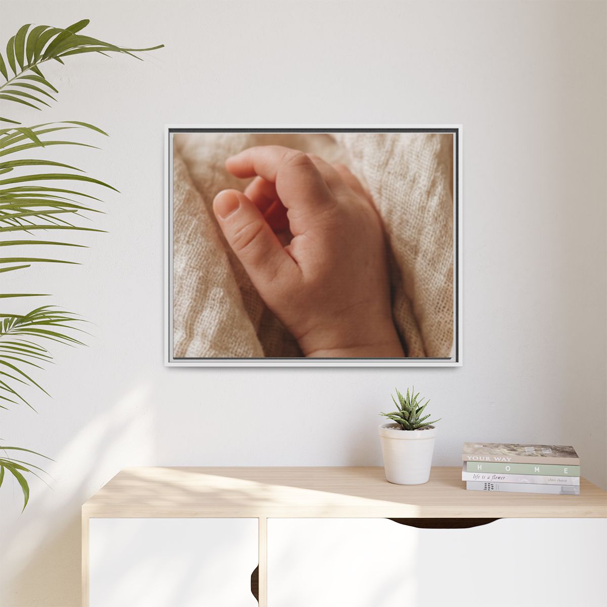 Matte Canvas, Framed - Tender Newborn Hand in Soft Muslin......