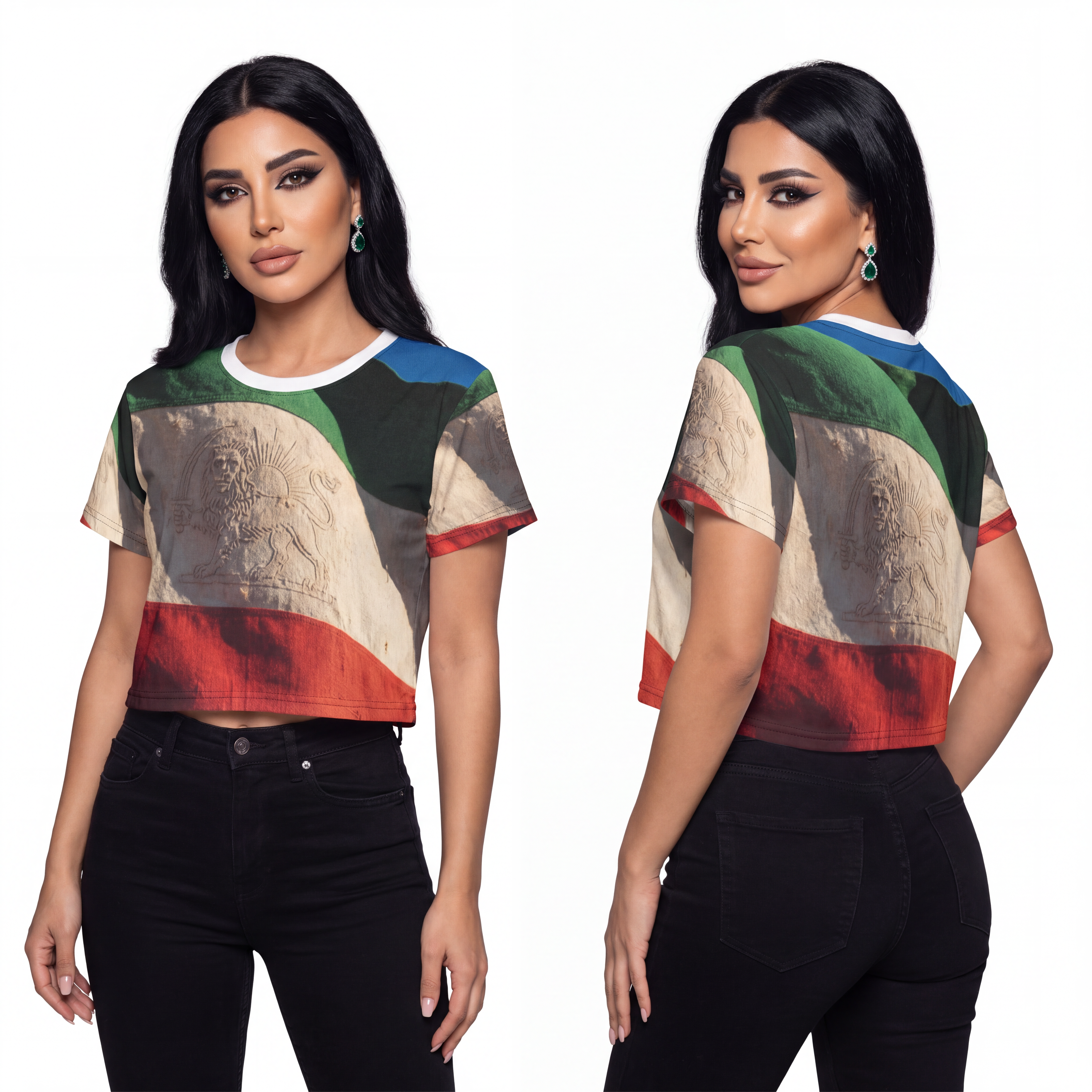 Crop Tee - Vintage Persian Lion and Sun Flag Art | Echovira...