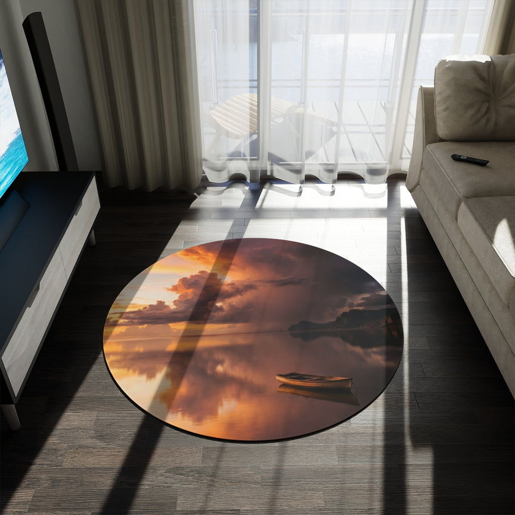Round Rug - Solitary Boat Sunset | Echovira Gallery