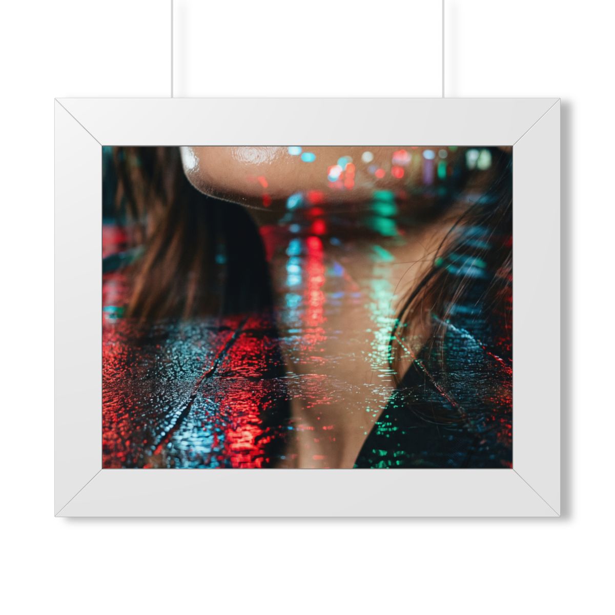 Framed Horizontal Poster - Neon Dreams Rain Portrait — White...